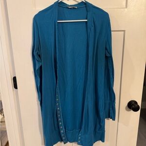 Blue Open Front Cardigan with Button Detail